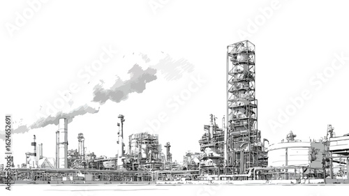 Detailed Industrial Landscape Line Drawing for Design Projects and Presentations