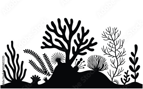silhouette of underwater coral reef plants and seaweed in black vector design