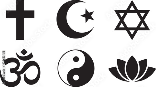 Diverse Religious Symbols Representing Faiths and Spiritual Beliefs in a Symbolic Arrangement