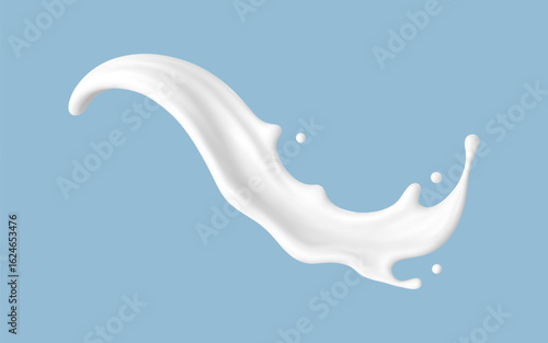 Realistic milk splash wave on blue background. Vector dairy or cosmetic concept
