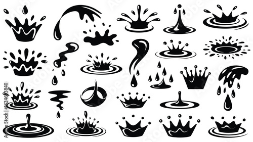 collection of black water splash and crown silhouettes, decorative vector shapes