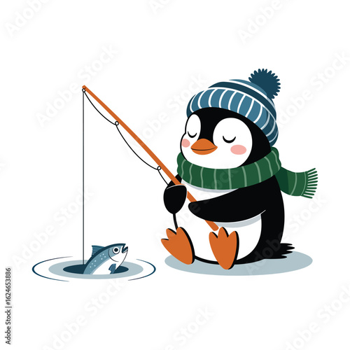 Cute Winter Penguin Ice Fishing – Adorable Animal Illustration in Warm Hat and Scarf