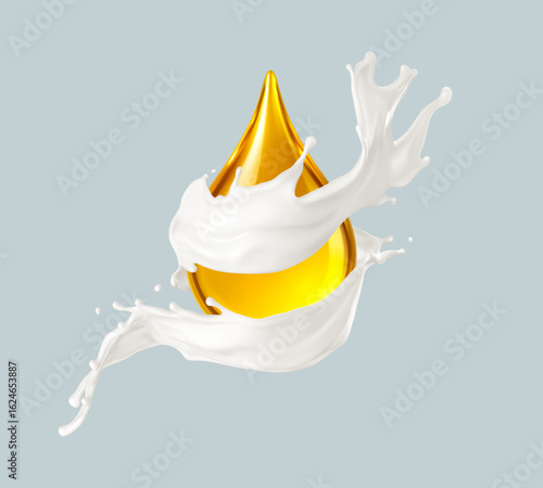 Cosmetic serum oil drop with white milk cream. Skincare nutrition, vitamins, and cosmetic essence concept. Vector illustration