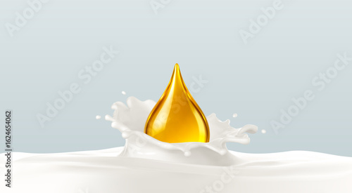 Cosmetic serum golden oil drop splashing into white milk cream. Skincare nutrition, vitamins, and cosmetic essence concept. Vector illustration.