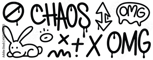 hand-drawn graffiti style chaos text with crosses, bunny faces, omg, arrow, and paint drip doodle vector set