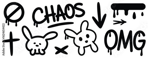 hand-drawn graffiti style chaos text with crosses, bunny faces, omg, arrow, and paint drip doodle vector set