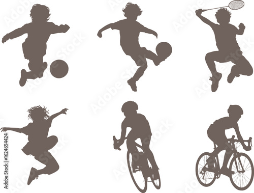 Silhouette of children playing different sports on white background