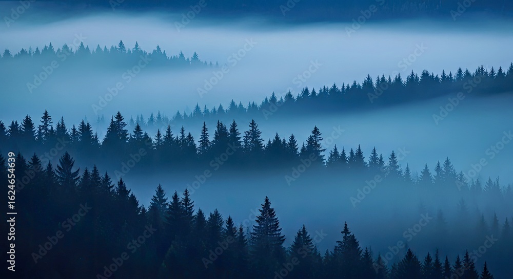 Obraz premium Mystical Forest: A serene panorama of a foggy, tree-covered landscape. The trees are partially shrouded in mist, the scene evokes a feeling of tranquility and mystery. 