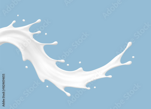 Realistic milk splash wave on blue background. Vector dairy or cosmetic concept