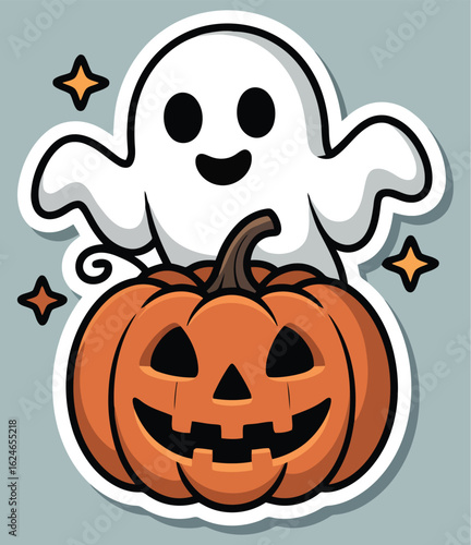 cute cartoon ghost happily floating behind carved Halloween pumpkin with festive stars vector illustration