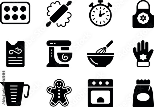 Baking Icons: Black Glyph Style, Kitchen Utensils, Recipe, Timer, Oven