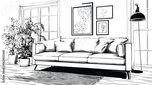 Modern Minimalist Living Room Interior Vector Drawing with Sofa