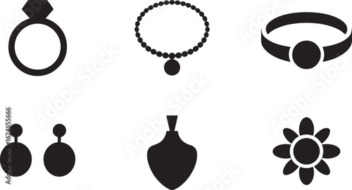 Elegant Jewelry Black Silhouette Icons Set Ring Necklace Bracelet Earrings Brooch Flower on Transparent