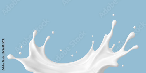 Realistic milk splash on blue background. Vector dairy or cosmetic concept