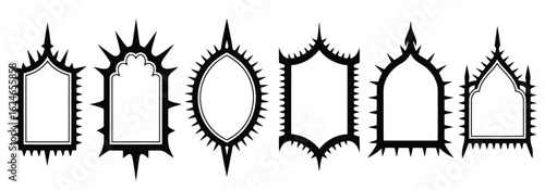 spiky gothic decorative frames set with various pointed shapes and styles, ornate border vector designs
