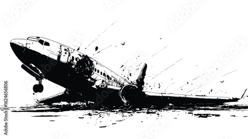 Detailed Vector Silhouette Illustration of a Plane Crash Incident