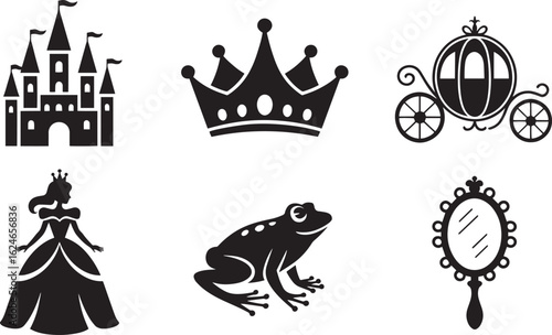 Enchanting Princess Kingdom Icons Silhouette Set Castle Crown Carriage Frog Mirror Royalty Design