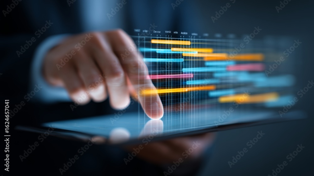 © Kishore Newton - Professional managing colorful project timeline on tablet with gantt chart visualization
