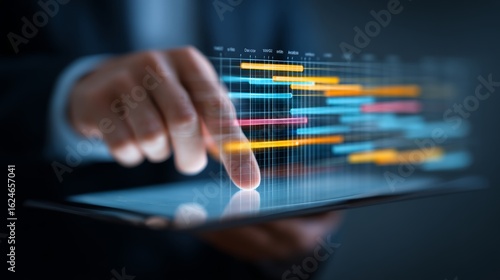 Professional managing colorful project timeline on tablet with gantt chart visualization