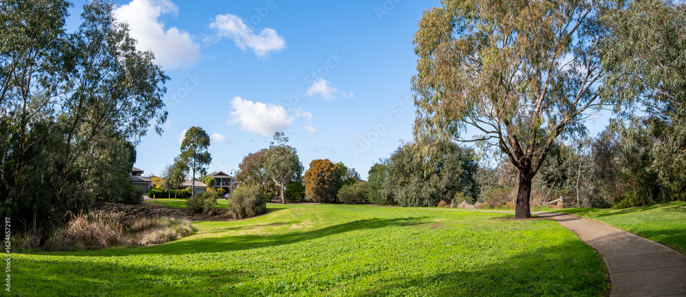 Fototapeta premium Peaceful suburban green space in Tarneit, Melbourne, featuring a well-maintained walking path, open grassy fields, and native eucalyptus trees, with residential houses in the background.