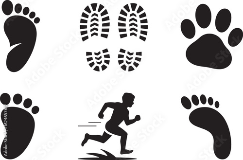 Footprint Trail Icons Set Barefoot Shoe Print Paw Print Running Silhouette Foot Symbols