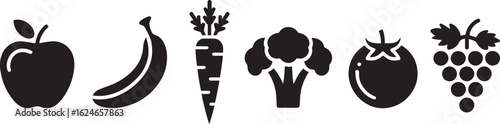 Fruits and Vegetables Icons Set Apple Banana Carrot Broccoli Tomato Grapes Healthy Food Nutrition