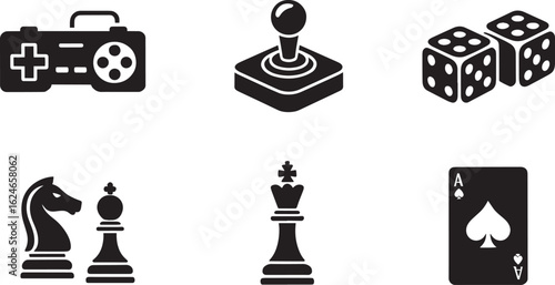 Gaming Icons Set Vector Illustration Gamepad Joystick Dice Chess Pieces Playing Card Symbols