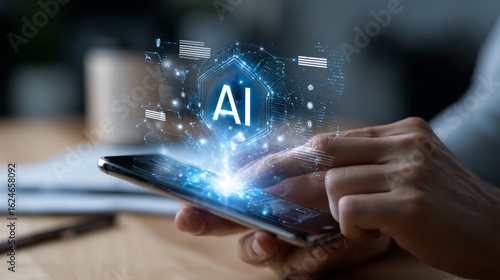 Mobile AI technology concept with smartphone displaying artificial intelligence interface