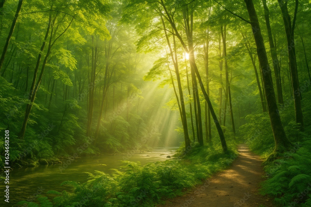 Obraz premium Sunbeams Filtering Through Lush Forest Canopy Along a Peaceful Riverside Trail