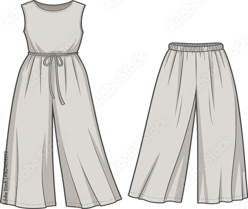 Elegant women's sleeveless jumpsuit and wide-leg pants set, perfect for casual summer fashion, loungewear, and comfortable everyday style.