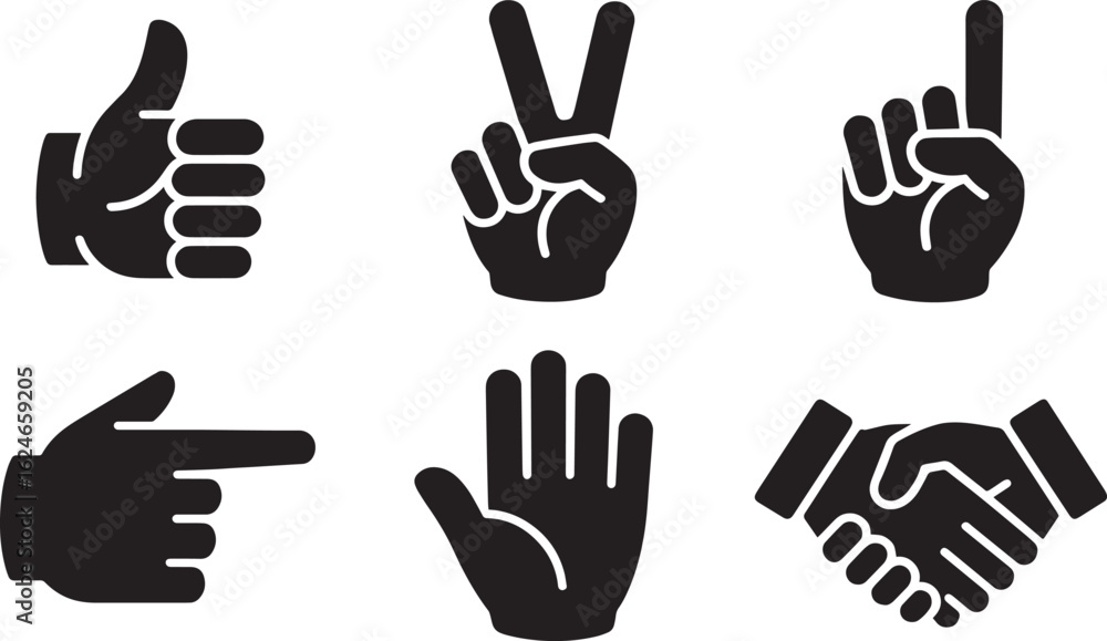 Fototapeta premium Hand Gestures Icons Set Vector Illustration with Thumbs Up, Peace, Pointing, Handshake and Open Palm