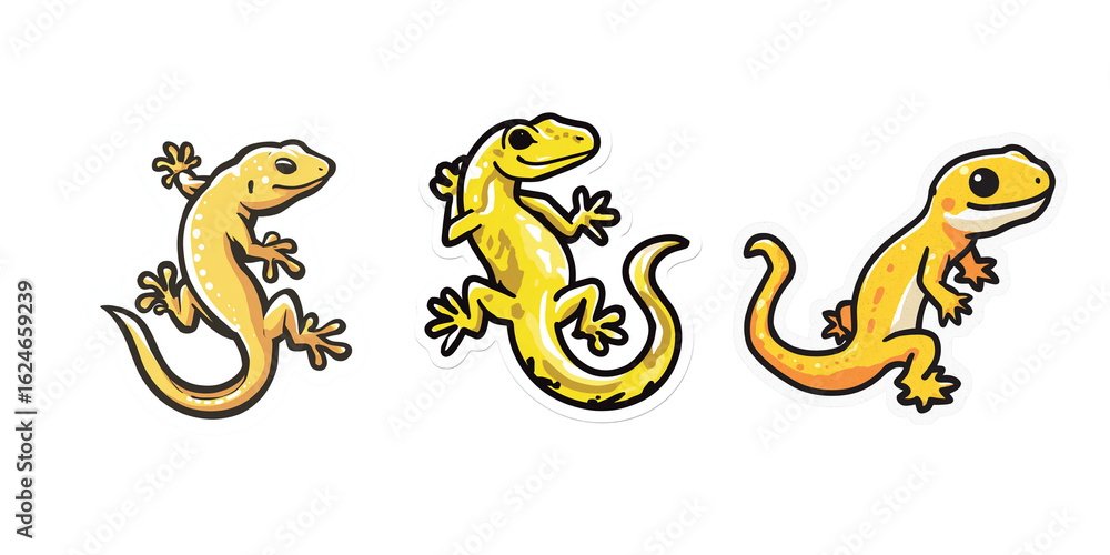 Obraz premium Three yellow gecko stickers, cute cartoon style isolated on a transparent background