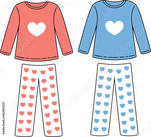 Flat vector illustration of kids pajama set with heart print, long sleeve top, elastic waist pants, cute sleepwear fashion design