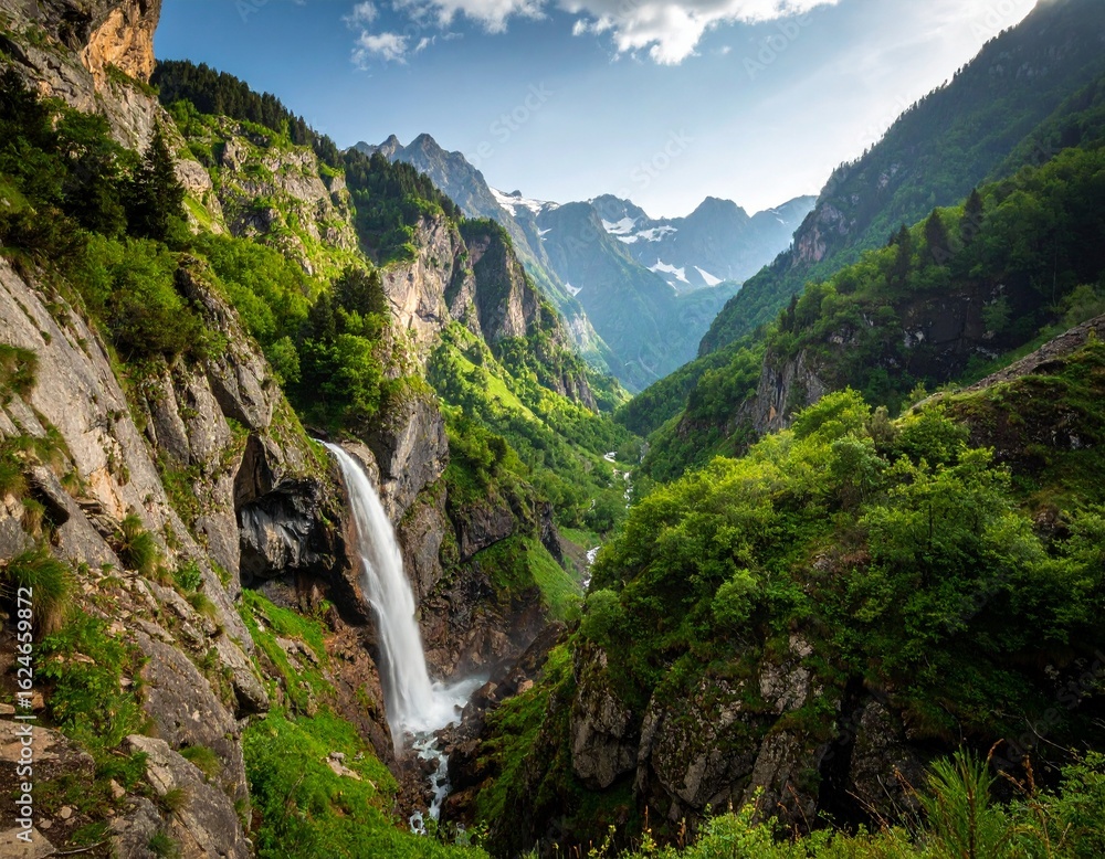 Obraz premium Rocky Cliffs and Waterfall in Wild Mountain Landscape