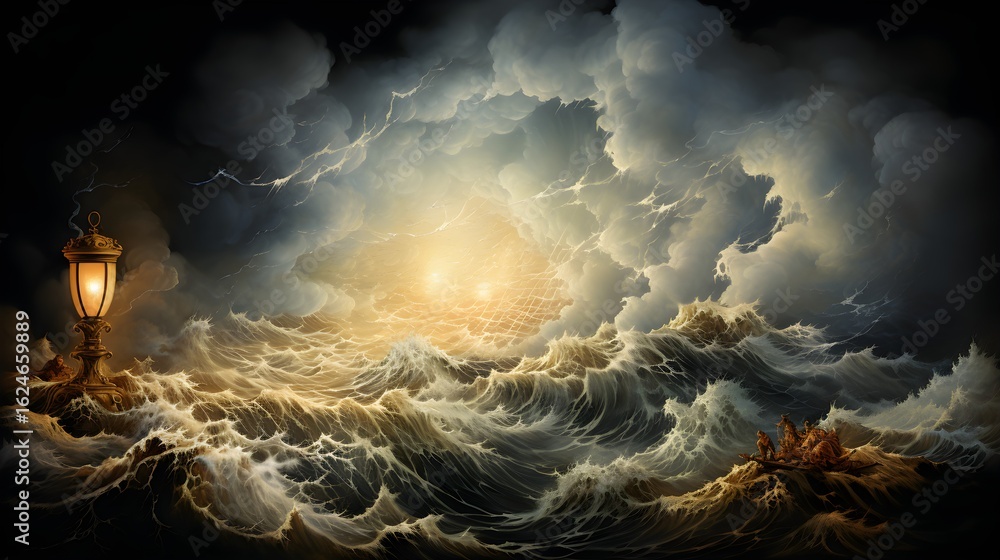 Fototapeta premium The image shows a dramatic ocean storm scene with a glowing lantern amidst turbulent waves.