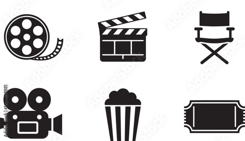 Lights, Camera, Action with Film Reel, Clapperboard, Director Chair, Camera, Popcorn, and Ticket Icons
