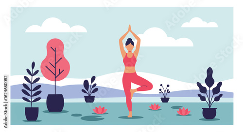 Woman practicing yoga outdoors wellness illustration