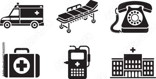 Medical Emergency Icons Set Ambulance Stretcher Phone First Aid Kit Defibrillator Hospital Building