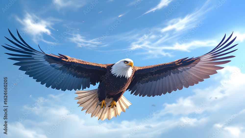 Obraz premium An eagle soars through the sky with its wings fully extended against a backdrop of blue sky and clouds