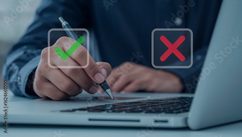 Person making a choice between yes or no on a digital interface