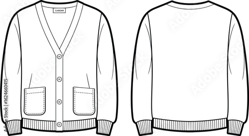 Flat vector illustration of women’s button-up cardigan with front pockets, ribbed hem, V-neckline, long sleeves, front and back views