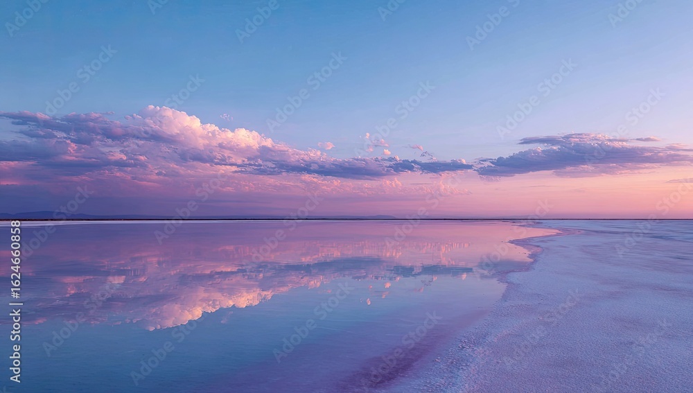 Obraz premium Serene, tranquil salt lake at sunset. Pale pink and purple hues reflect in still water. Soft, fluffy clouds. Vast, open landscape