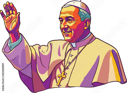 Colorful vector illustration of a religious leader in a cassock waving his hand with a friendly expression and peaceful demeanor