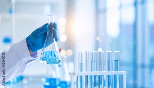 Laboratory Research: Scientist Holding Erlenmeyer Flask with Blue Liquid