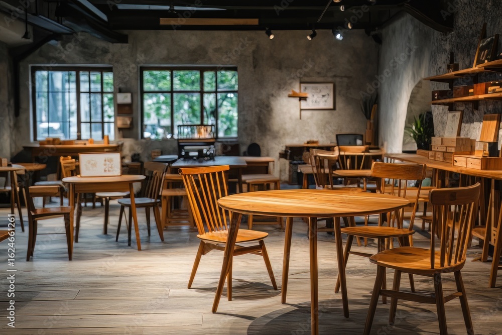 A wooden furniture display with handcrafted tables and chairs in a boutique-style shop, clean and professional composition, copy space, natural color, minimalism, stock photography A wooden furniture display with handcrafted tables and chairs in a boutique-style shop, clean and professional composition, copy space, natural color, minimalism, stock photography