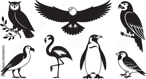 Monochrome Bird Species Icons Set Featuring Owl, Eagle, Parrot, Seagull, Flamingo, Penguin, Sparrow