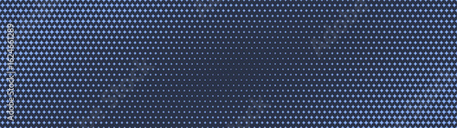 Twinkling stars halftone pattern elliptical gradient ultra wide 32:9 aspect ratio navy blue vector abstract background. Half tone graphic blink star shapes grid panoramic ultrawide format abstraction