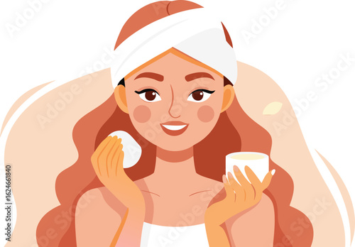 Young woman with long wavy hair applying facial cream with a cotton pad for skincare routine