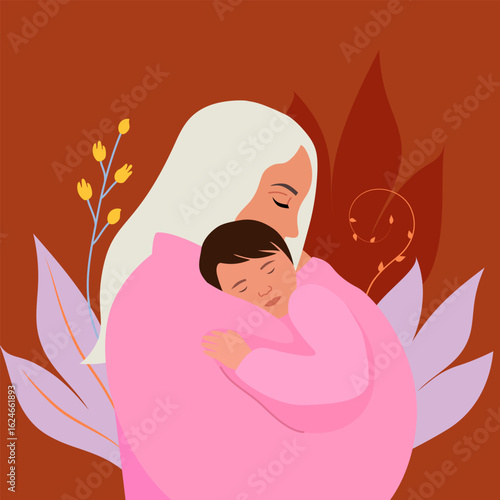 Mother tenderly holds sleeping baby in her arms