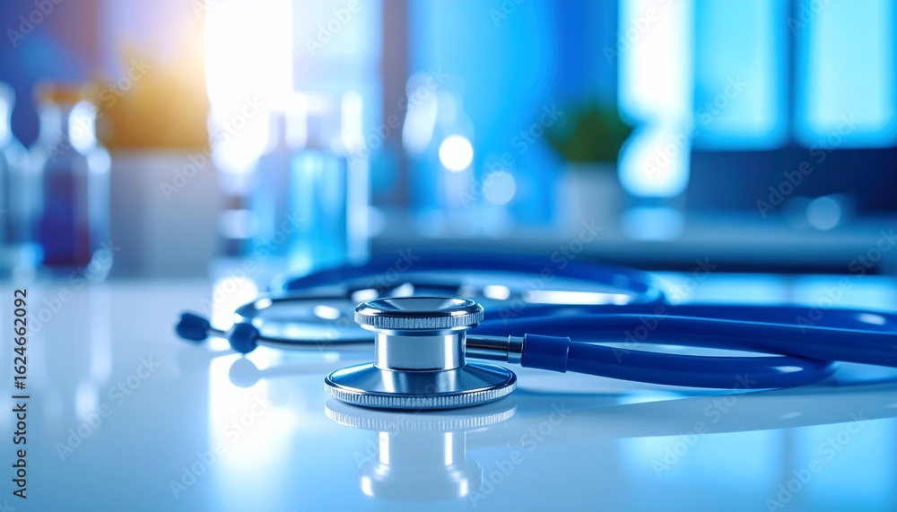 Naklejka premium Medical Stethoscope on a Reflective Surface in a Modern Clinic